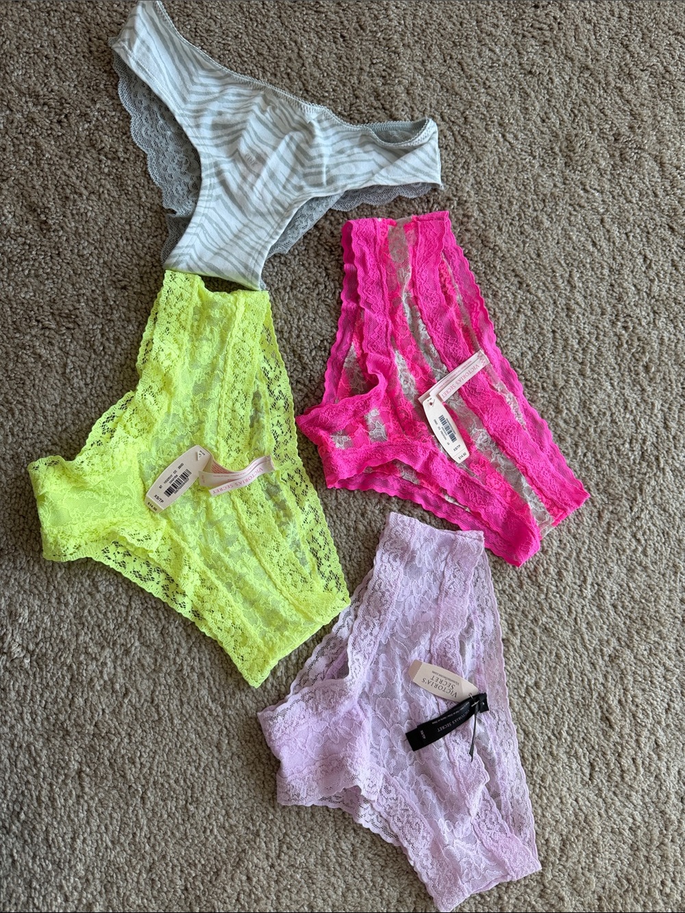 Victoria's Secret Pink, Lime, Lavender & Gray Lace Cheeky Panty Set